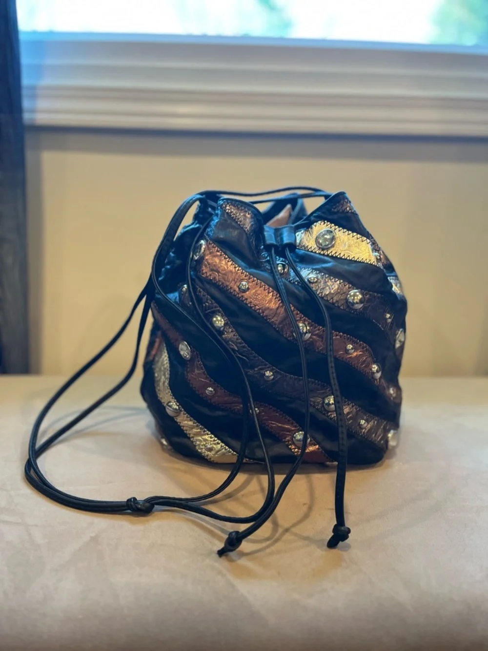 Bags by Pinky Metallic Rhinestones, Leather Drawstring Hobo Bucket Bag